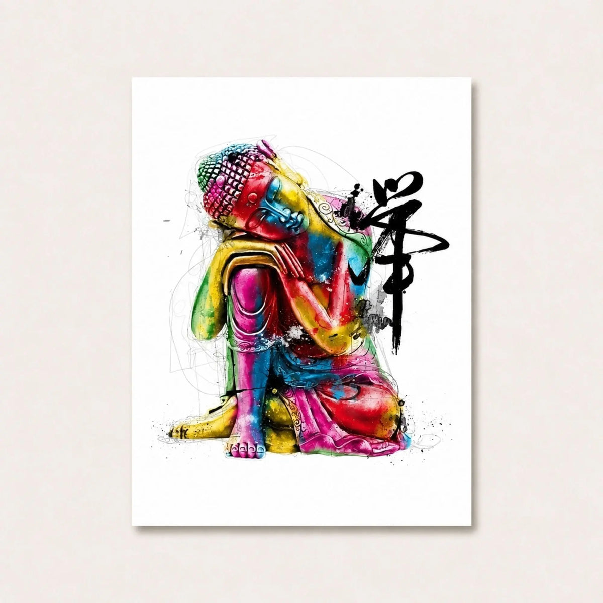 Tableau de Bouddha Art sur fond ivoire uni, représentant un Bouddha multicolore la tête posée sur son genou