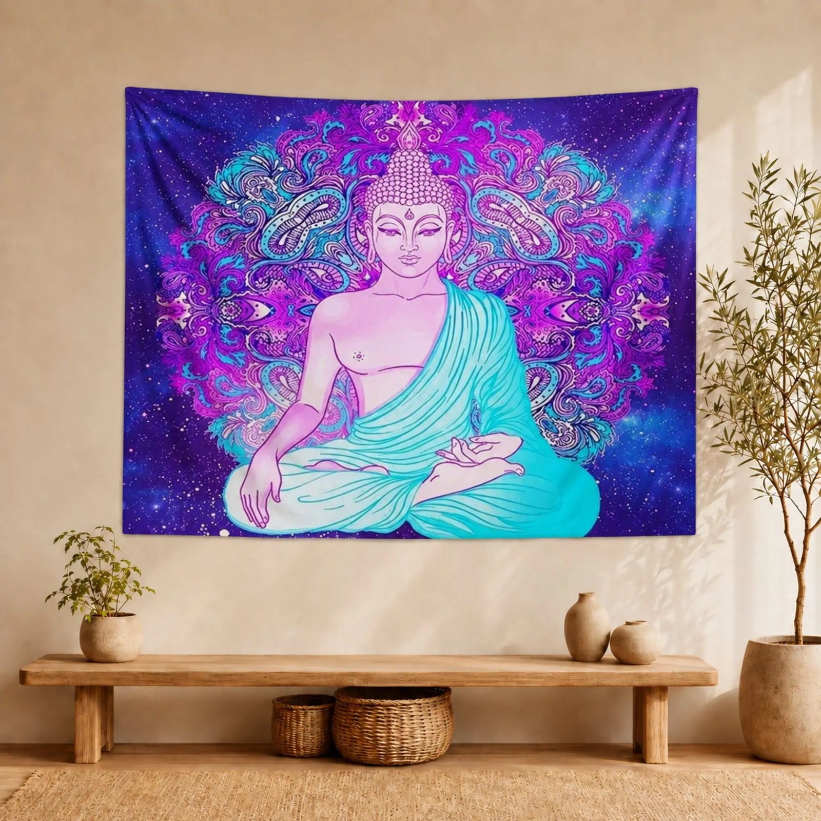 Tapisserie Bouddha Multicolore – Rose, Turquoise et Violet Tapisseries de décoration La Maison de Bouddha