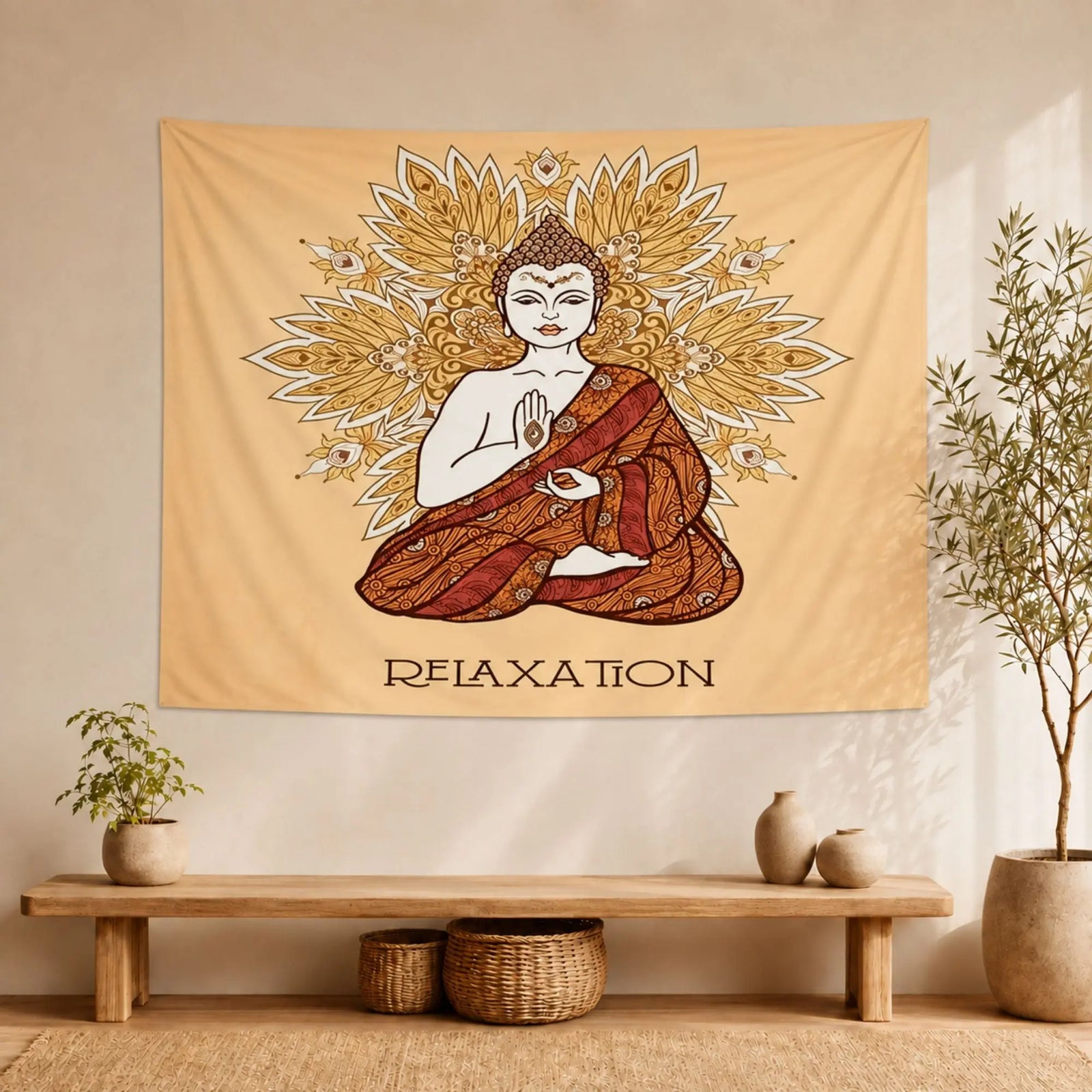 Tapisserie Bouddha Relaxation – Tons Beige et Or Tapisseries de décoration La Maison de Bouddha