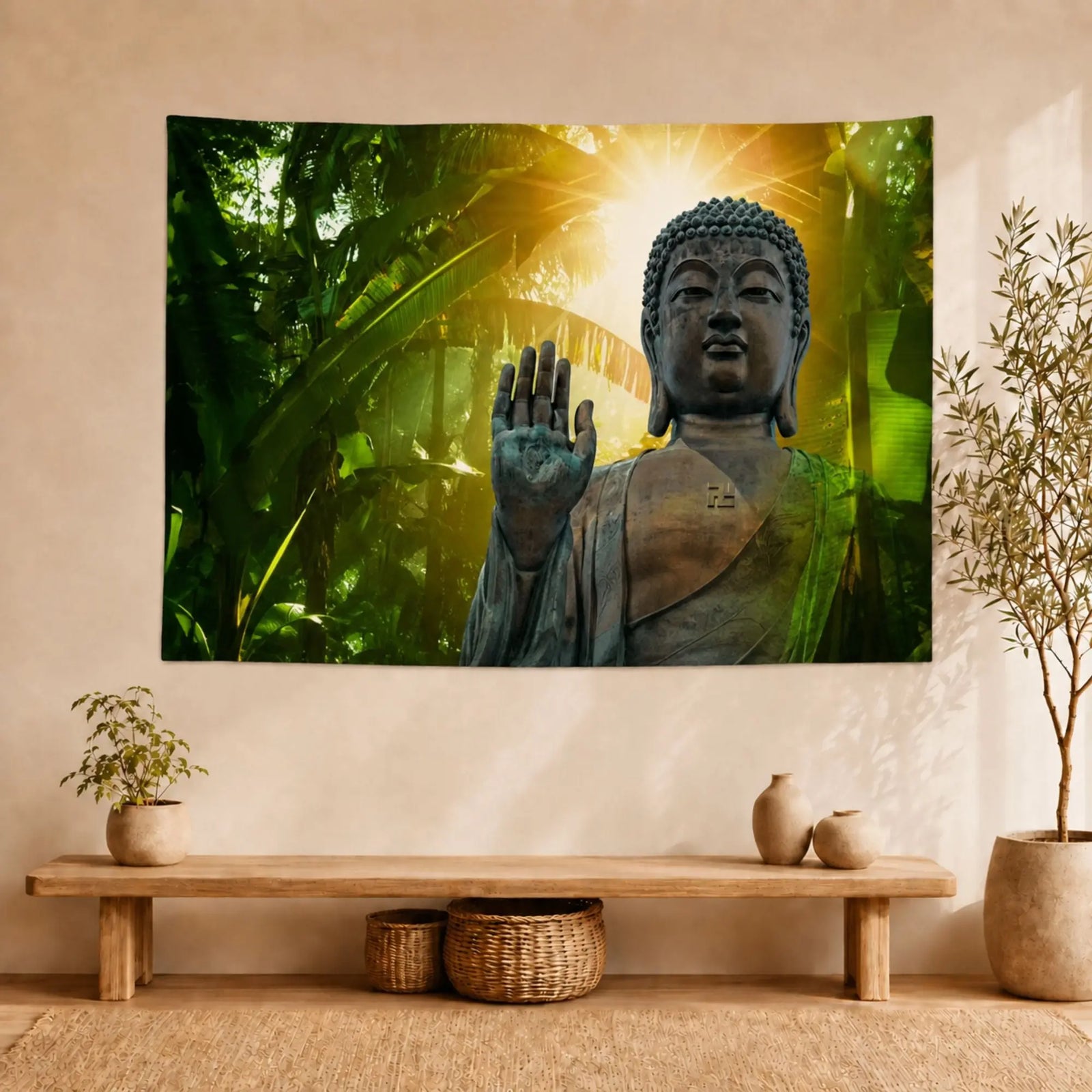 Tapisserie murale Bouddha Abhaya Mudrā avec main levée dans une forêt tropicale illuminée
