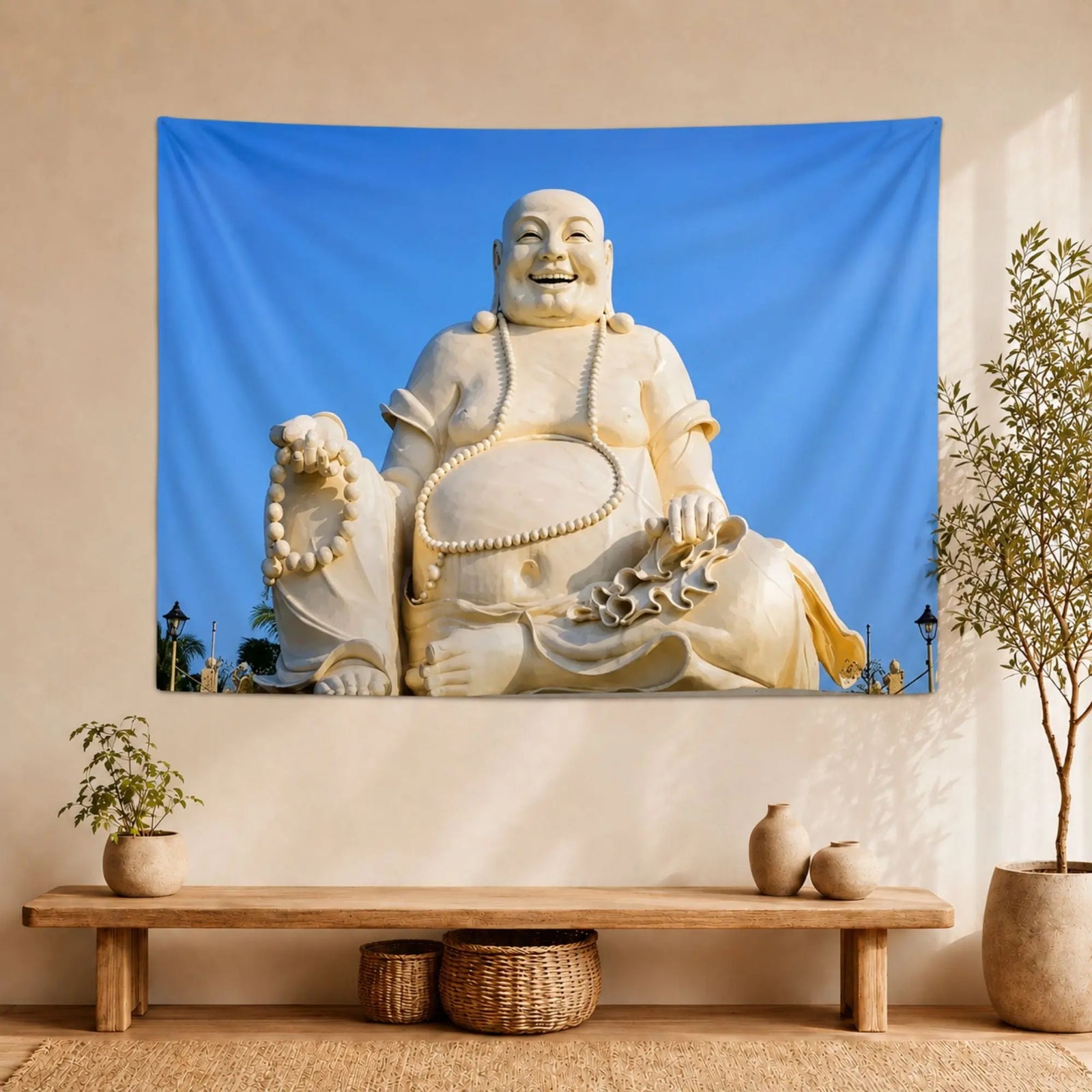 Tapisserie Murale Bouddha Rieur Budai – Fond Bleu Tapisseries de décoration La Maison de Bouddha