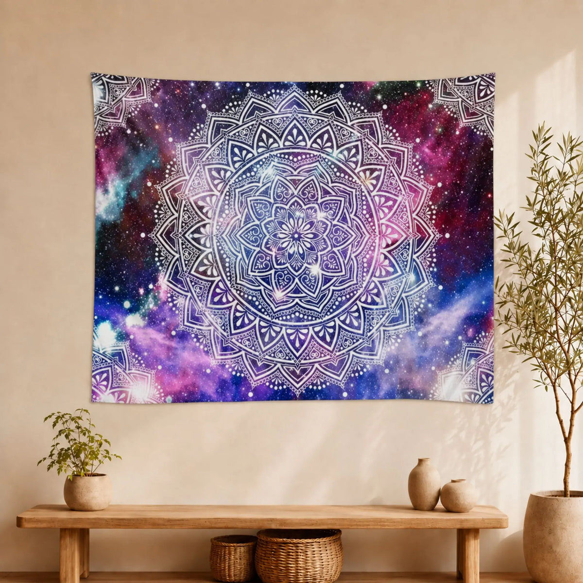 Tapisserie Murale Mandala Galaxie avec motif blanc sur fond cosmique bleu et violet
