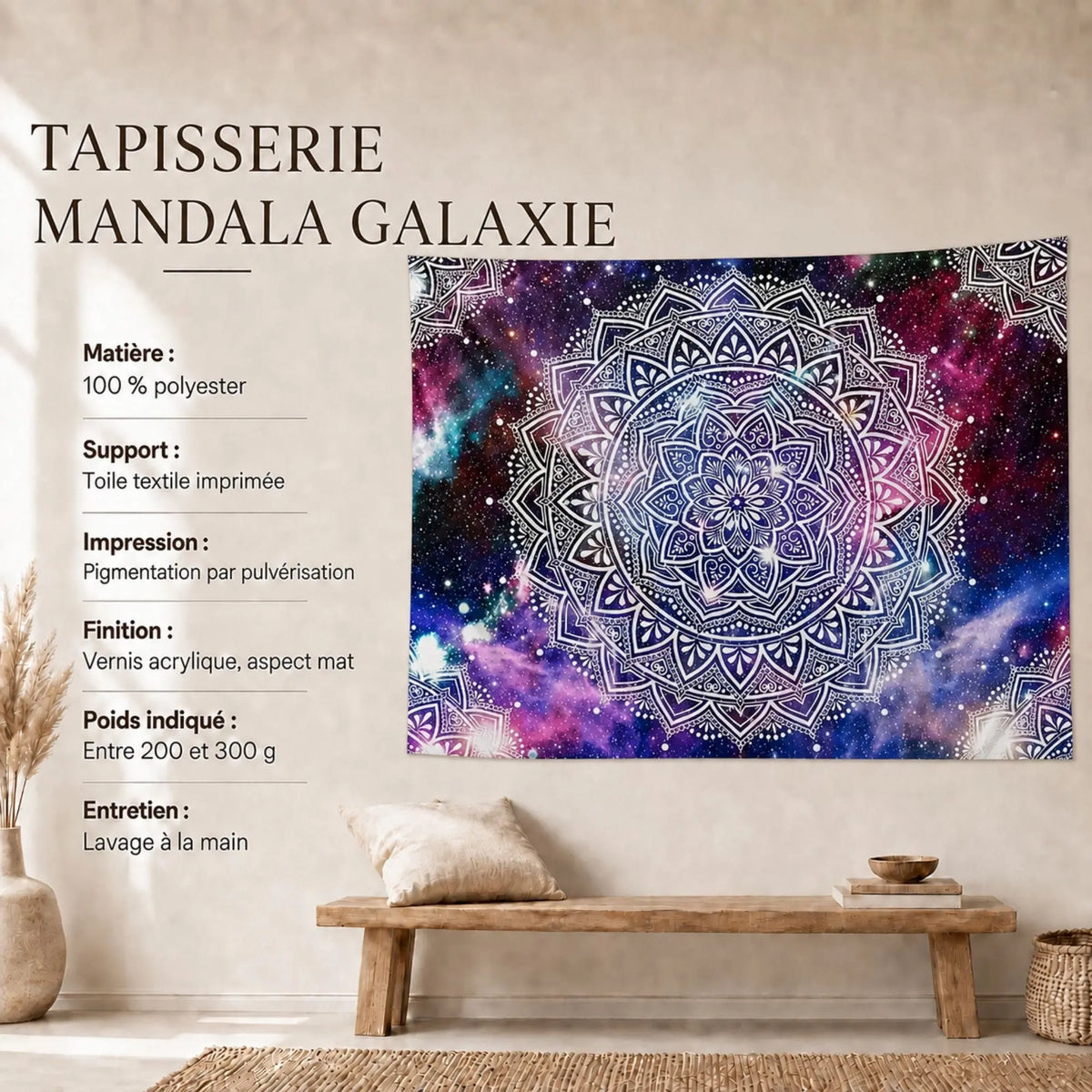 Tapisserie Murale Mandala Galaxie en polyester avec caractéristiques et entretien