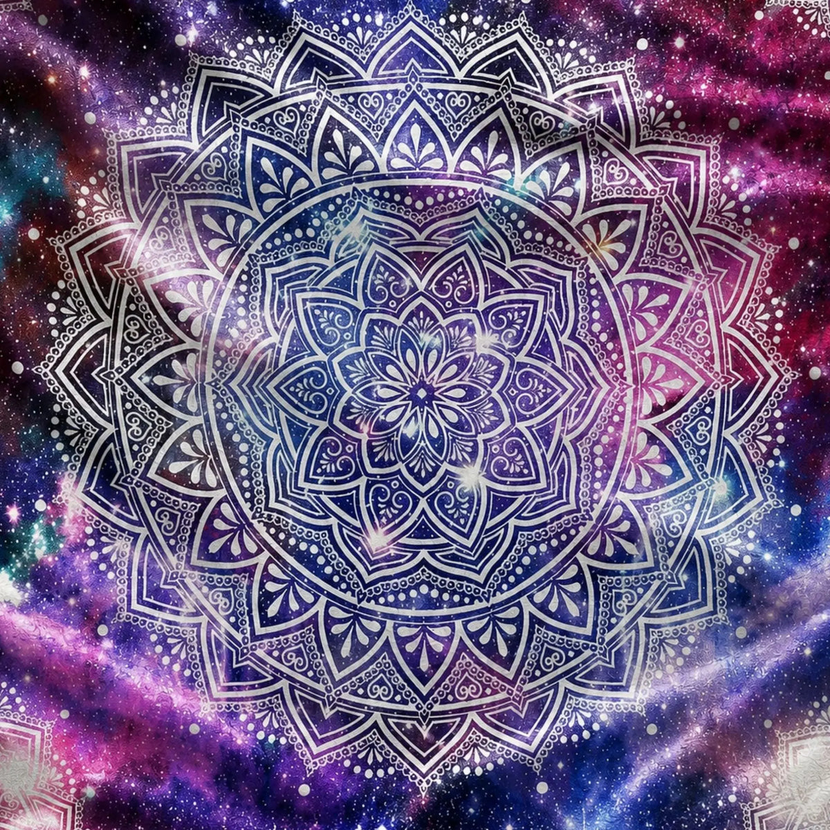 Gros plan sur le mandala blanc et le fond étoilé de la Tapisserie Murale Mandala Galaxie
