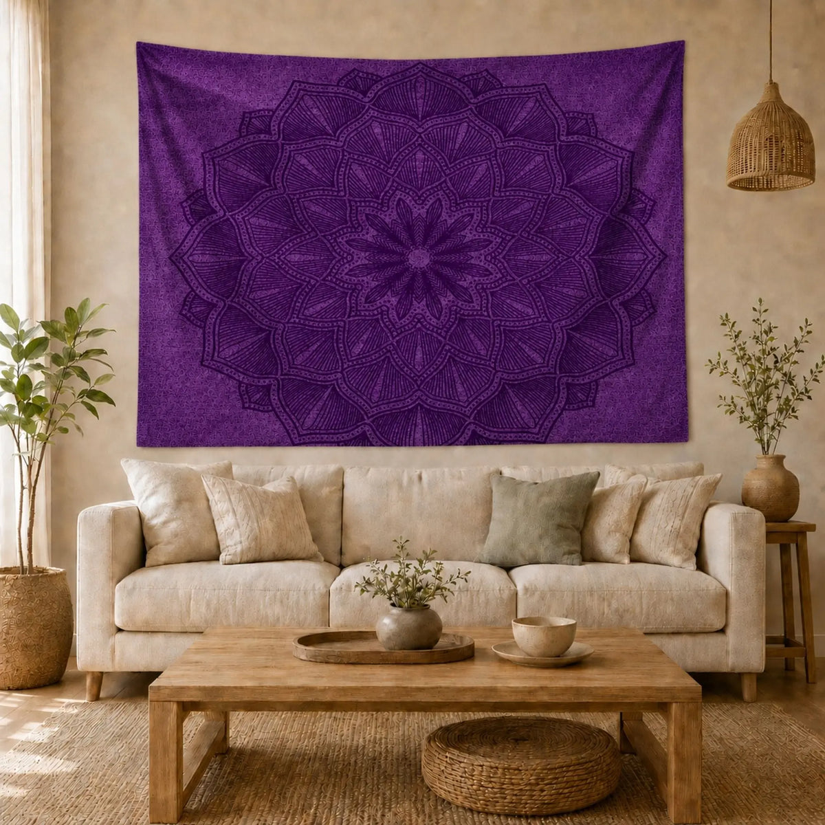 Tapisserie Murale Mandala Violet – Motif Floral installée au-dessus d’un canapé crème
