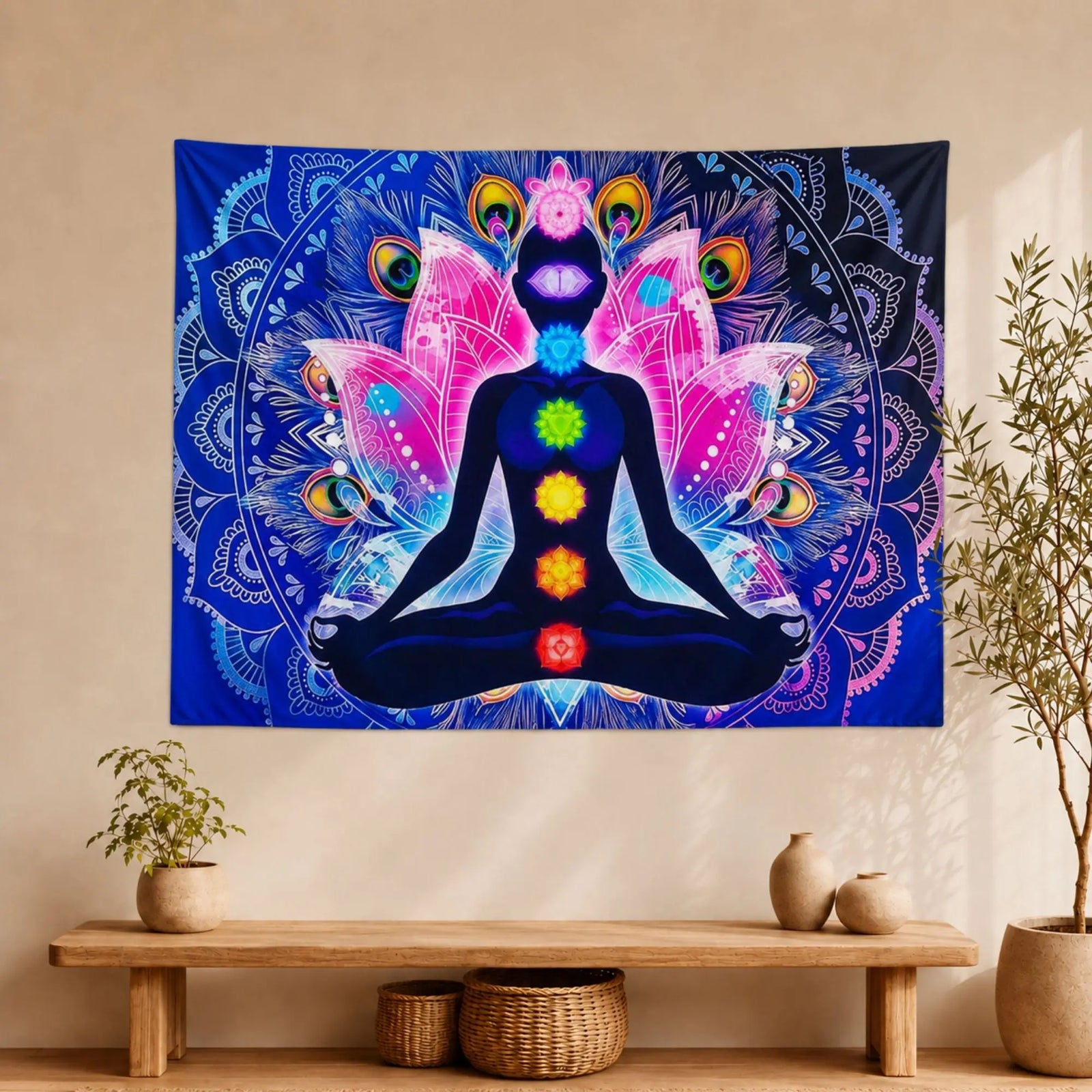 Tenture 7 Chakras Méditation – Silhouette Multicolore Tapisseries de décoration La Maison de Bouddha