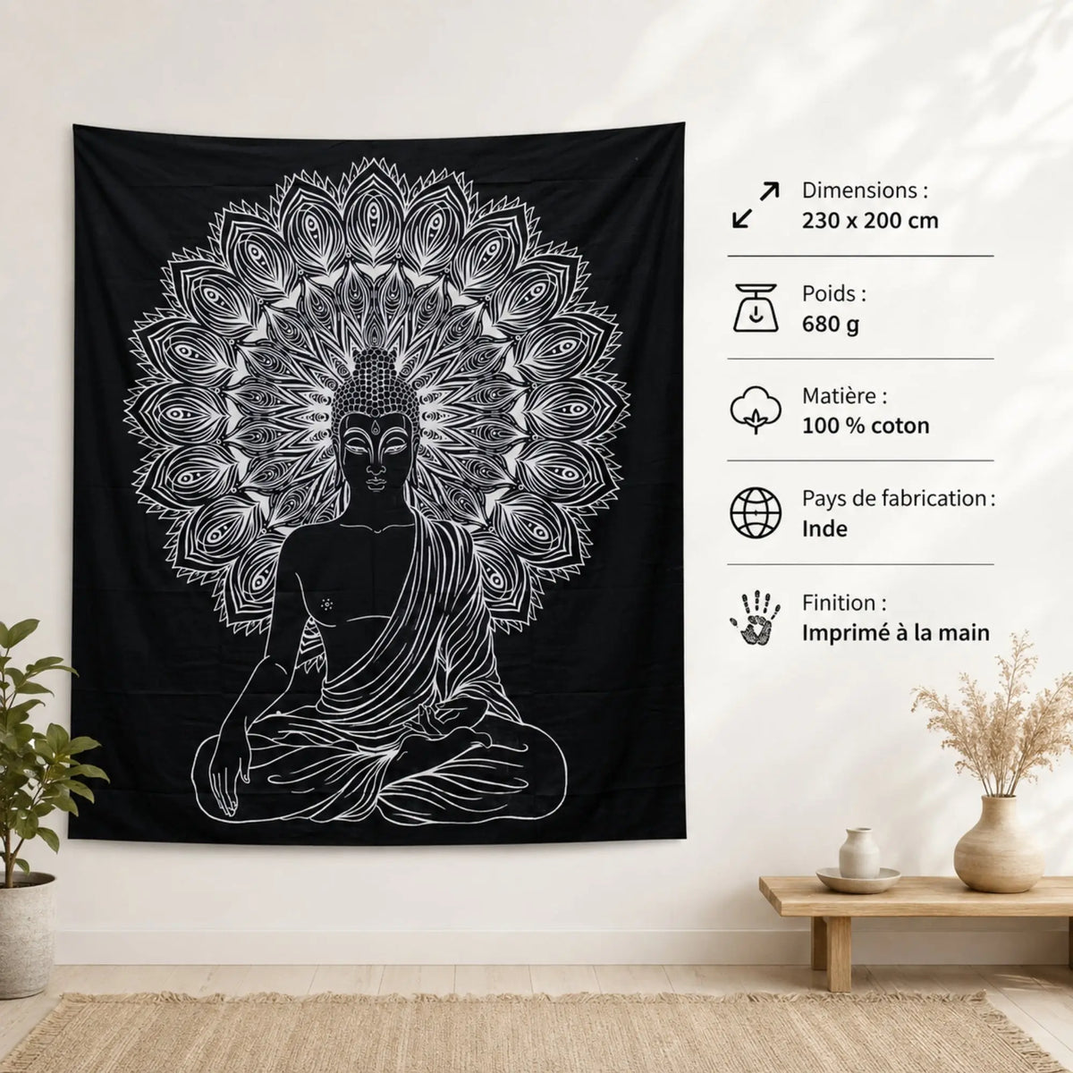 Tenture Bouddha Mandala noir et blanc en coton avec dimensions 230 × 200 cm, poids 680 g et fabrication en Inde