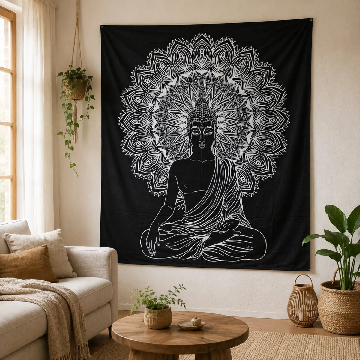 Tenture Bouddha Mandala noir et blanc accrochée dans un salon bohème zen
