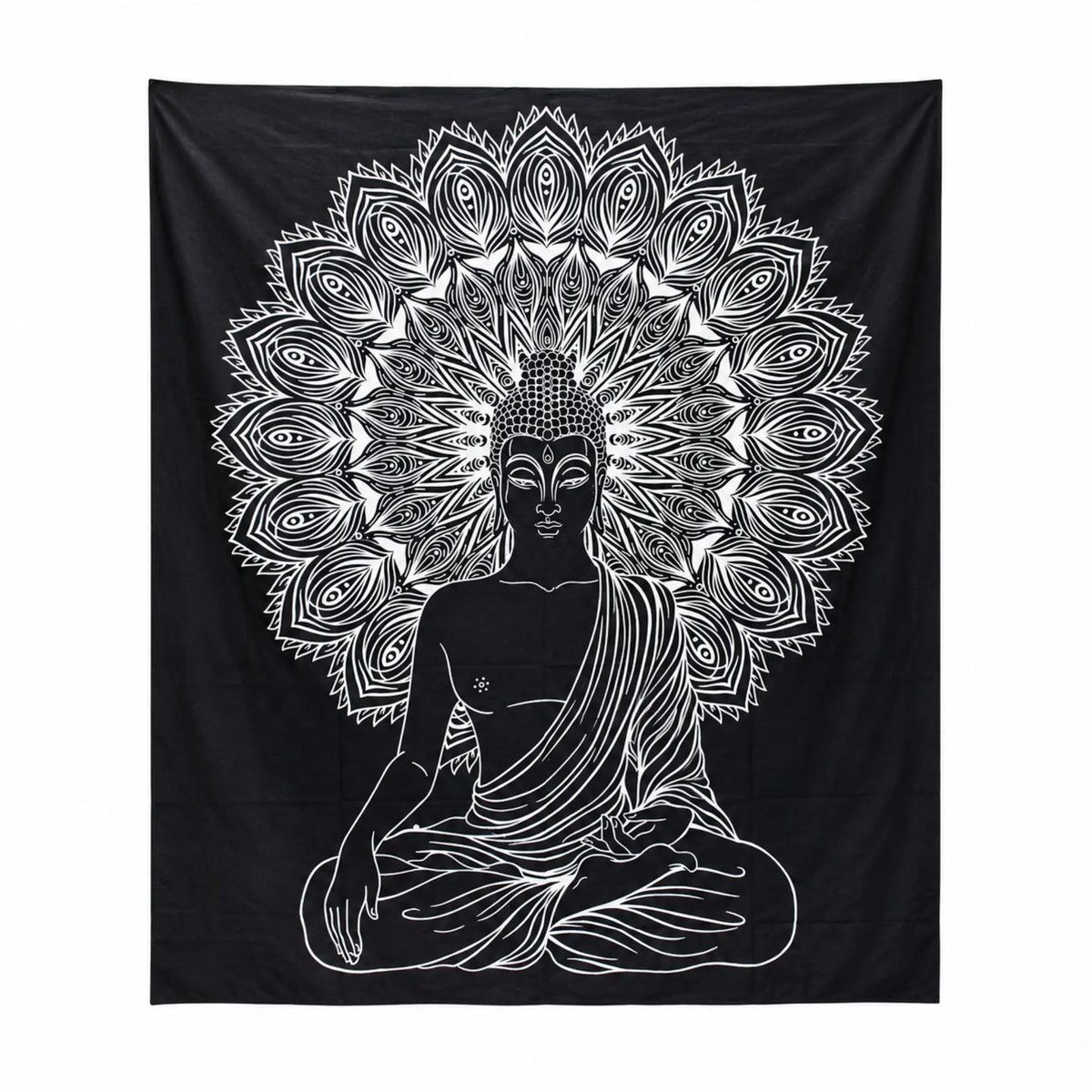 Tenture Bouddha Mandala noir et blanc en coton, vue entière sur fond blanc – 230 × 200 cm