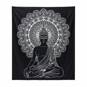 Tenture Bouddha Mandala noir et blanc en coton, vue entière sur fond blanc – 230 × 200 cm