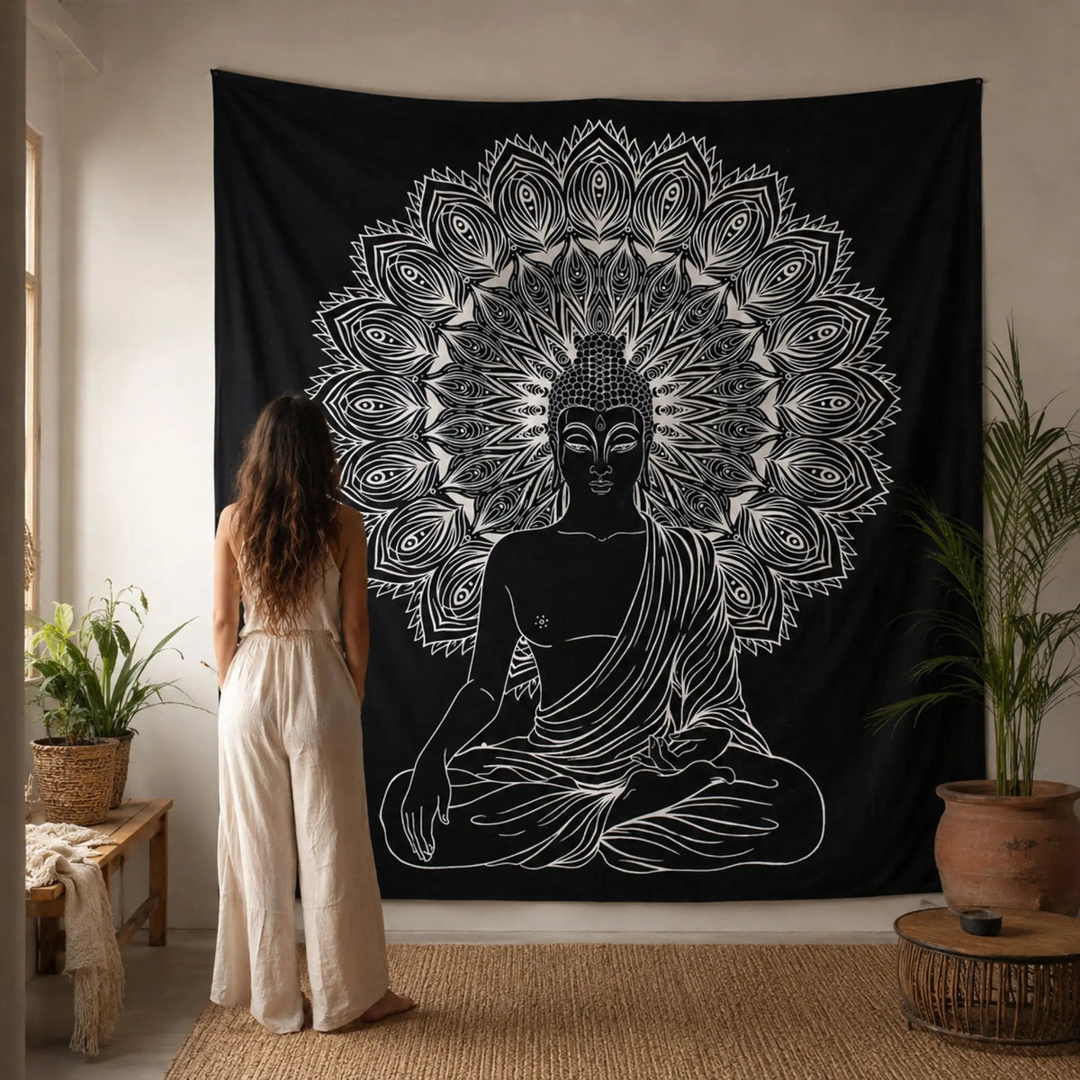 Tenture Bouddha Mandala noir et blanc 230 × 200 cm avec modèle de dos pour visualiser l’échelle