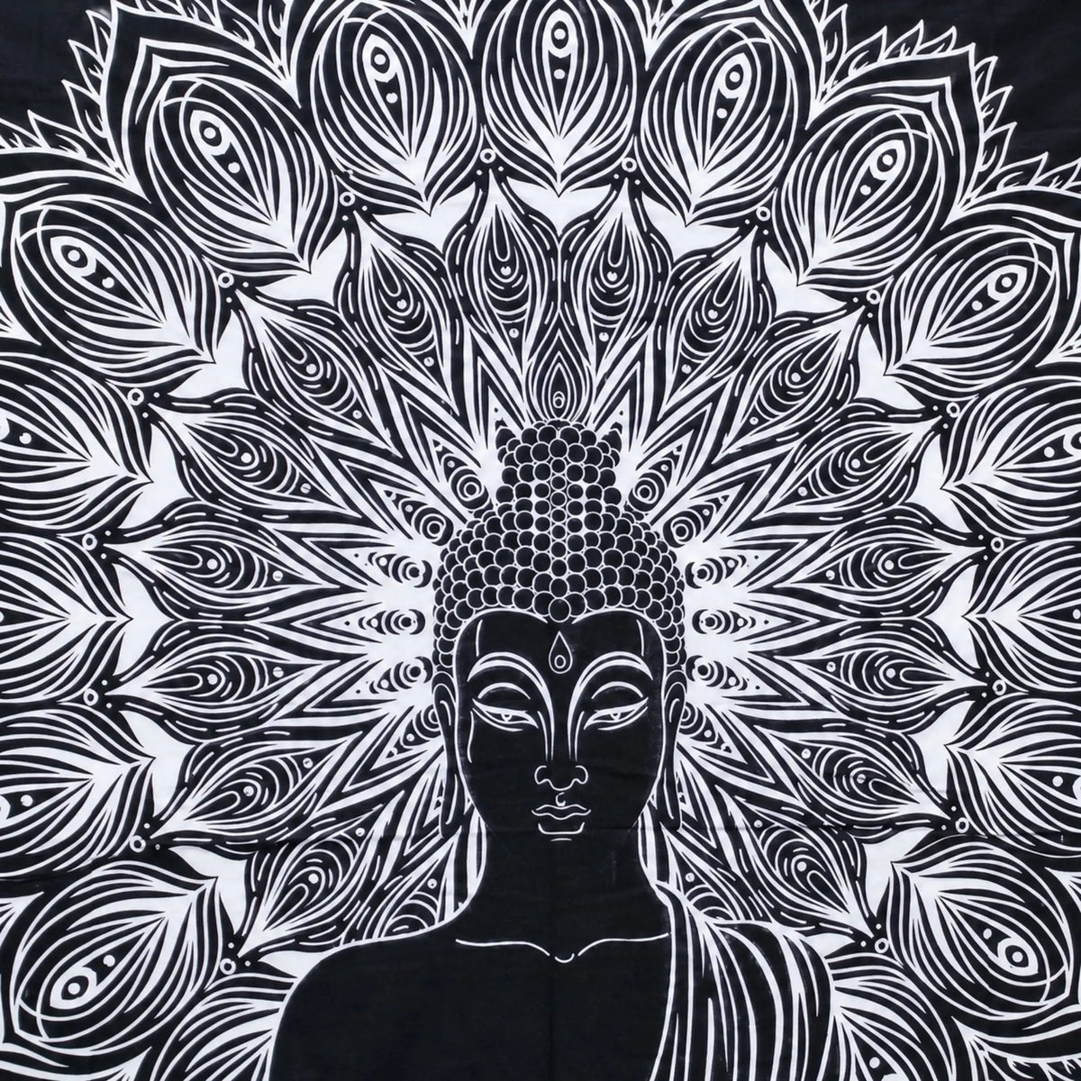 Gros plan sur le mandala de la tenture Bouddha noir et blanc et la finesse du motif