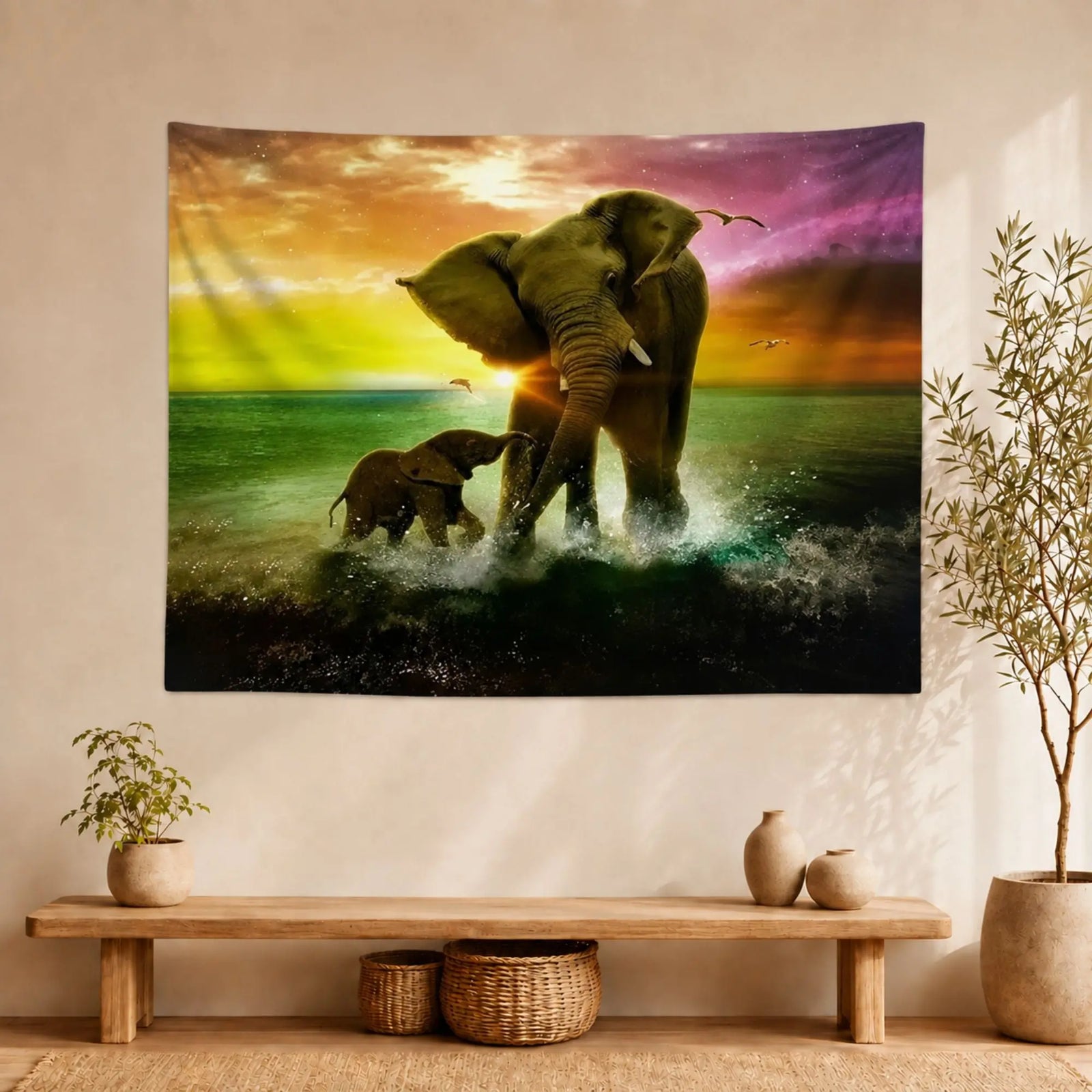 Tenture Éléphant Mère et Petit – Coucher de Soleil Tapisseries de décoration La Maison de Bouddha