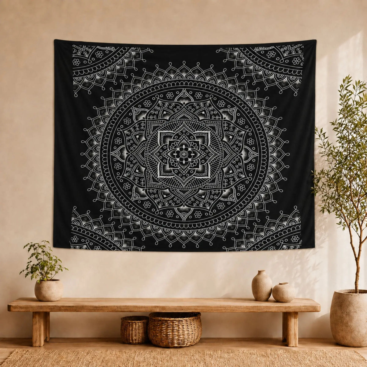 Tenture Mandala Fleur de Lotus Noir et Blanc en Coton – 230 × 200 cm Black and White Double Cotton Bedspread La Maison de Bouddha