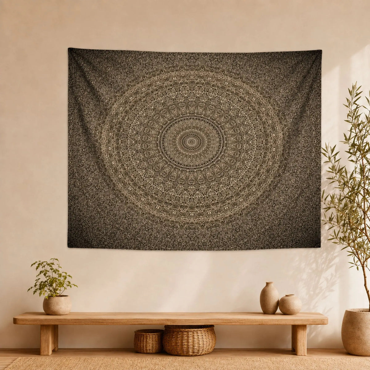 Tenture Mandala Indien – Motif Brun Concentrique présentée dans un intérieur zen avec banc en bois clair