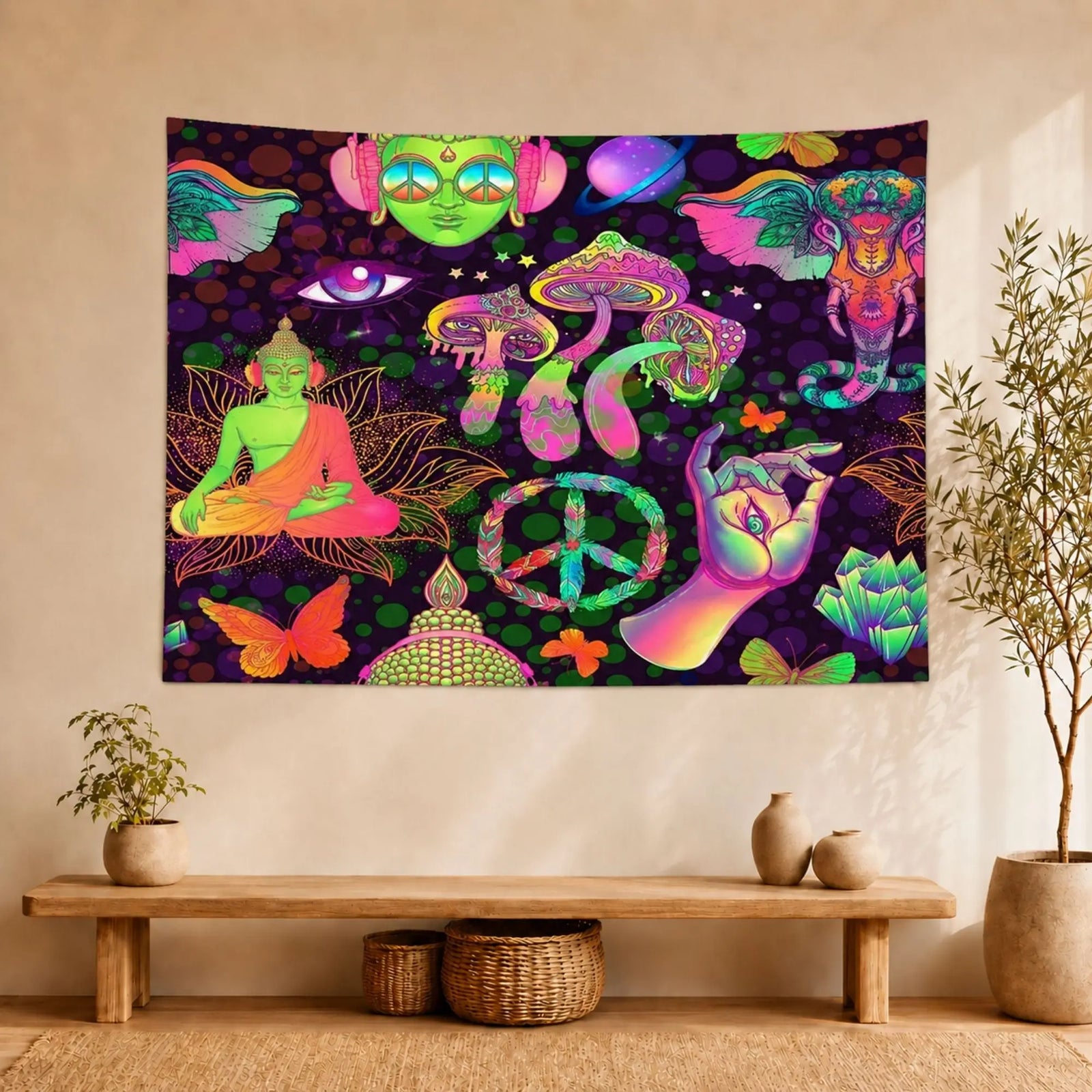 Tenture Murale Bouddha Hippie Psychédélique en Polyester Tapisseries de décoration La Maison de Bouddha