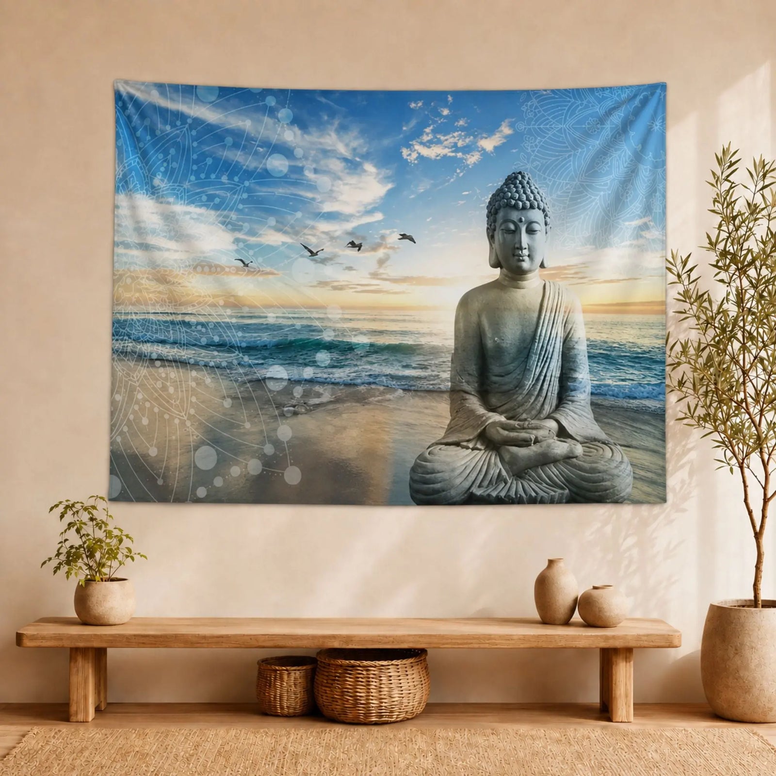Tenture Murale Bouddha Méditation – Bord de Mer Tapisseries de décoration La Maison de Bouddha