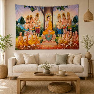 Tenture murale Bouddha avec disciples dans une décoration intérieure