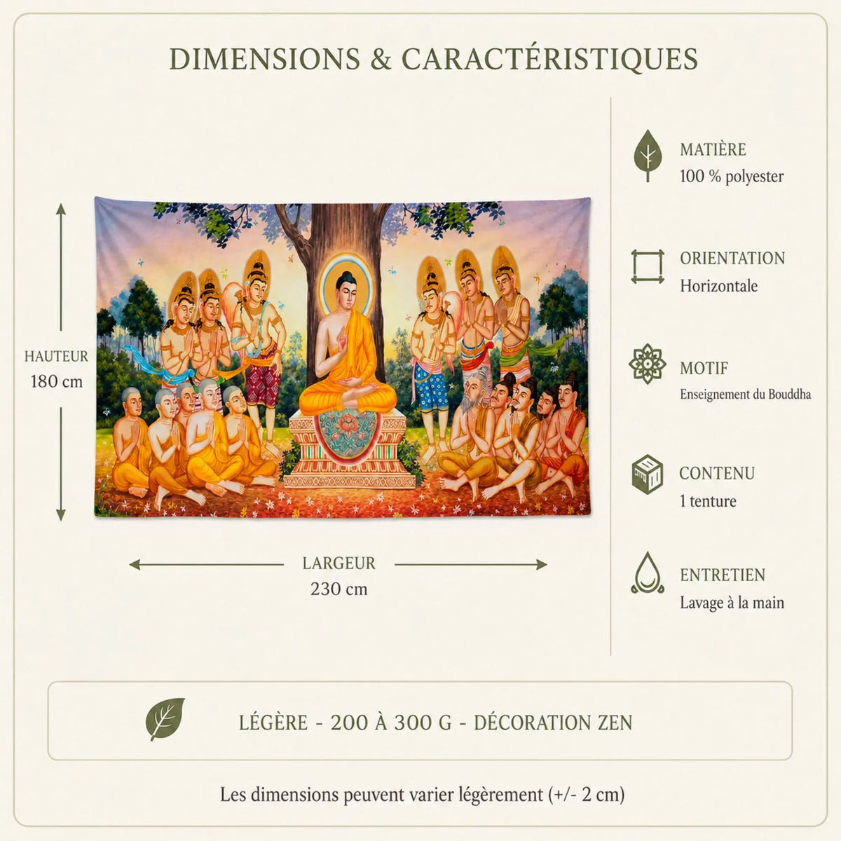 Dimensions et caractéristiques de la tenture Bouddha au format 230 x 180 cm
