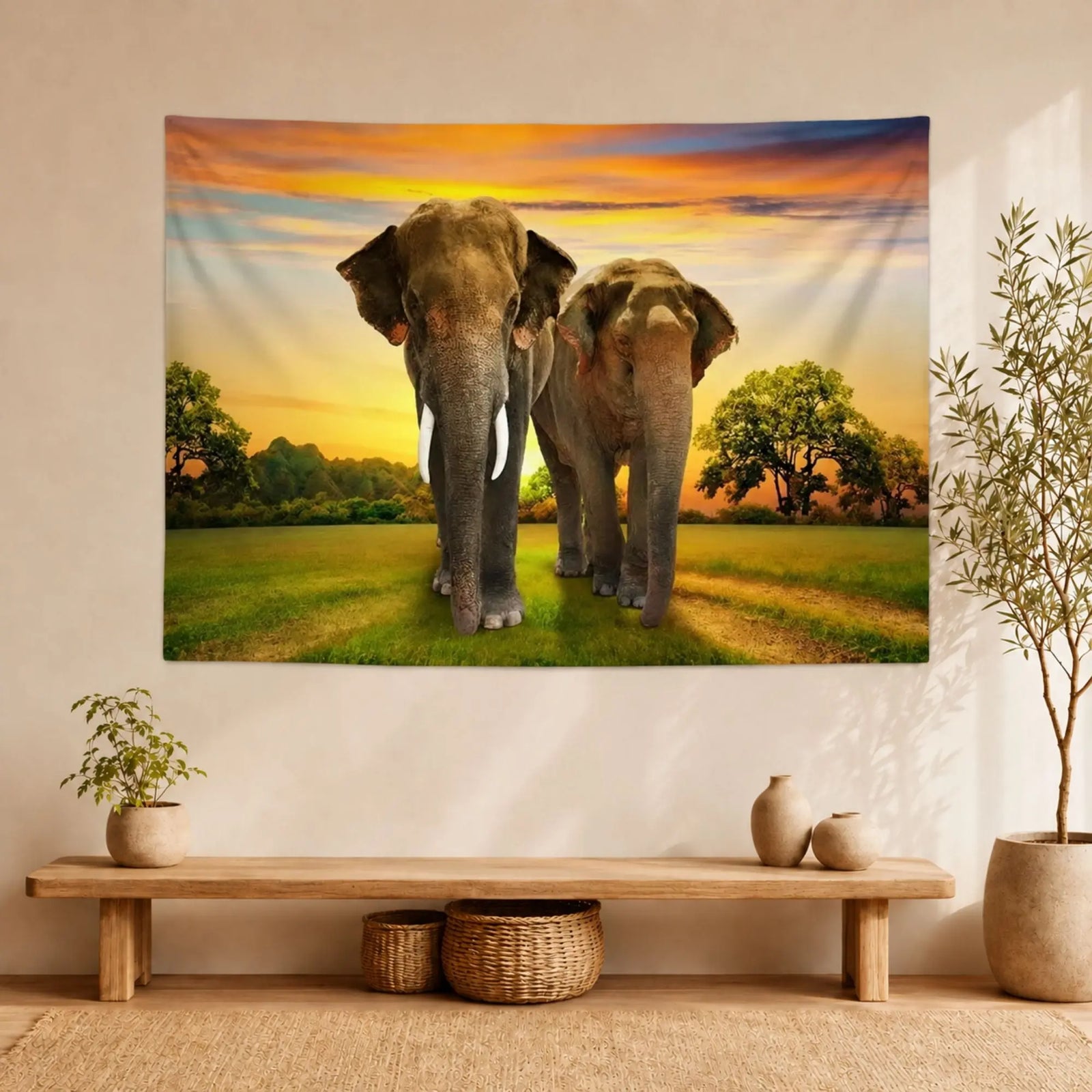 Tenture murale avec deux éléphants dans la savane au coucher du soleil