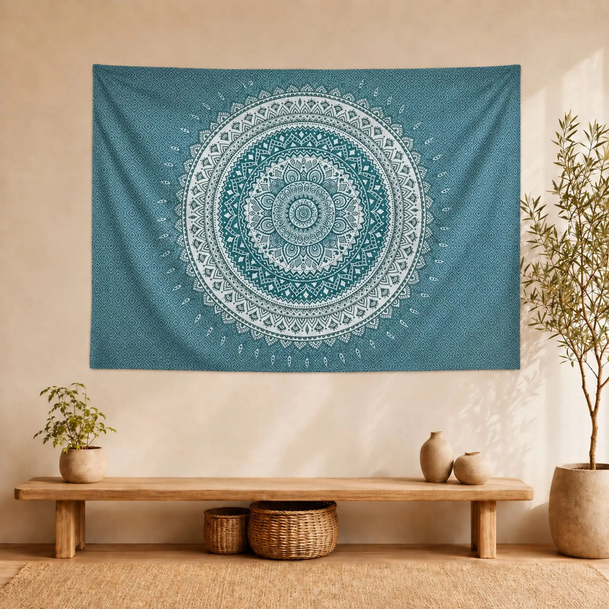 Tenture murale mandala bleu et blanc à grand motif circulaire géométrique