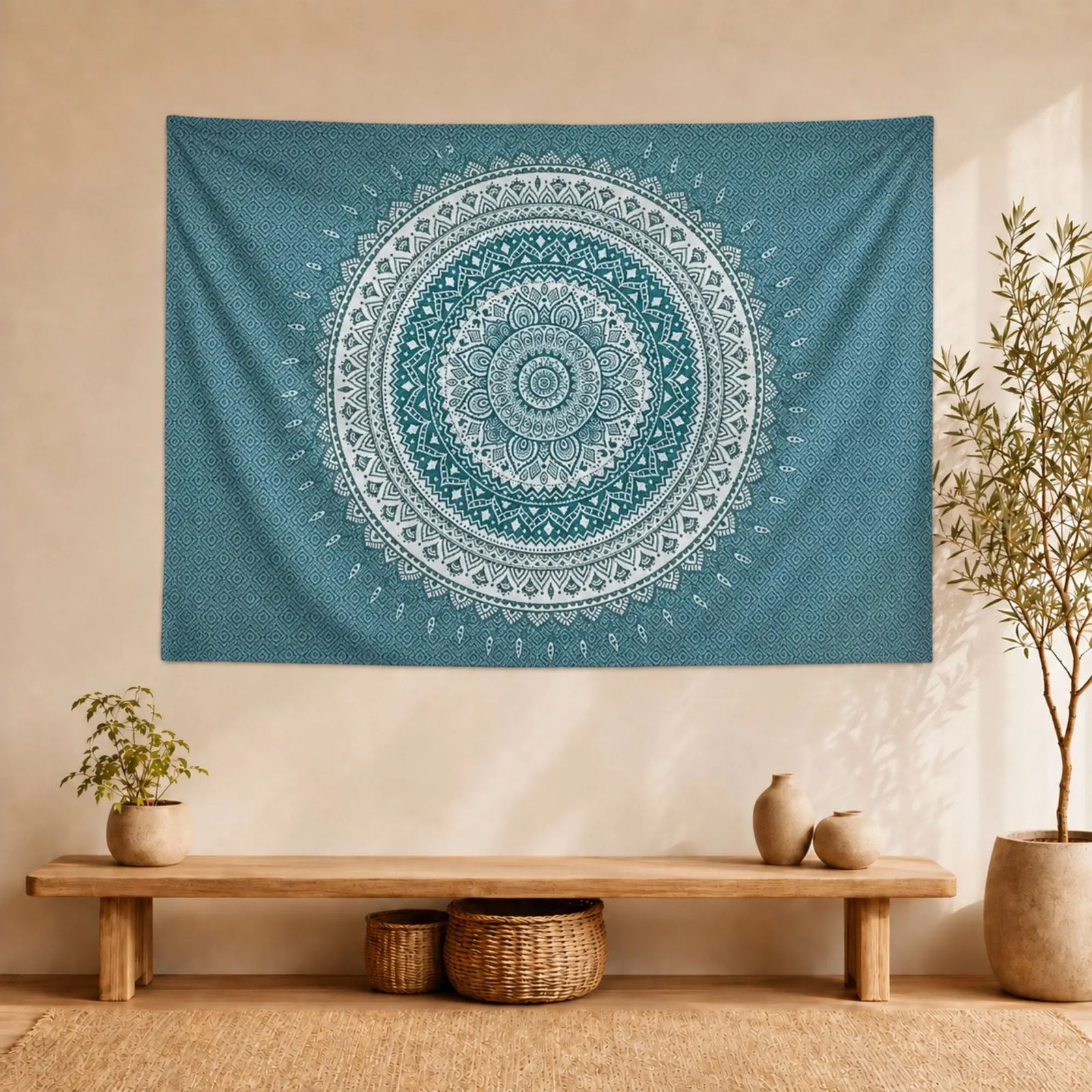 Tenture murale mandala bleu et blanc à grand motif circulaire géométrique
