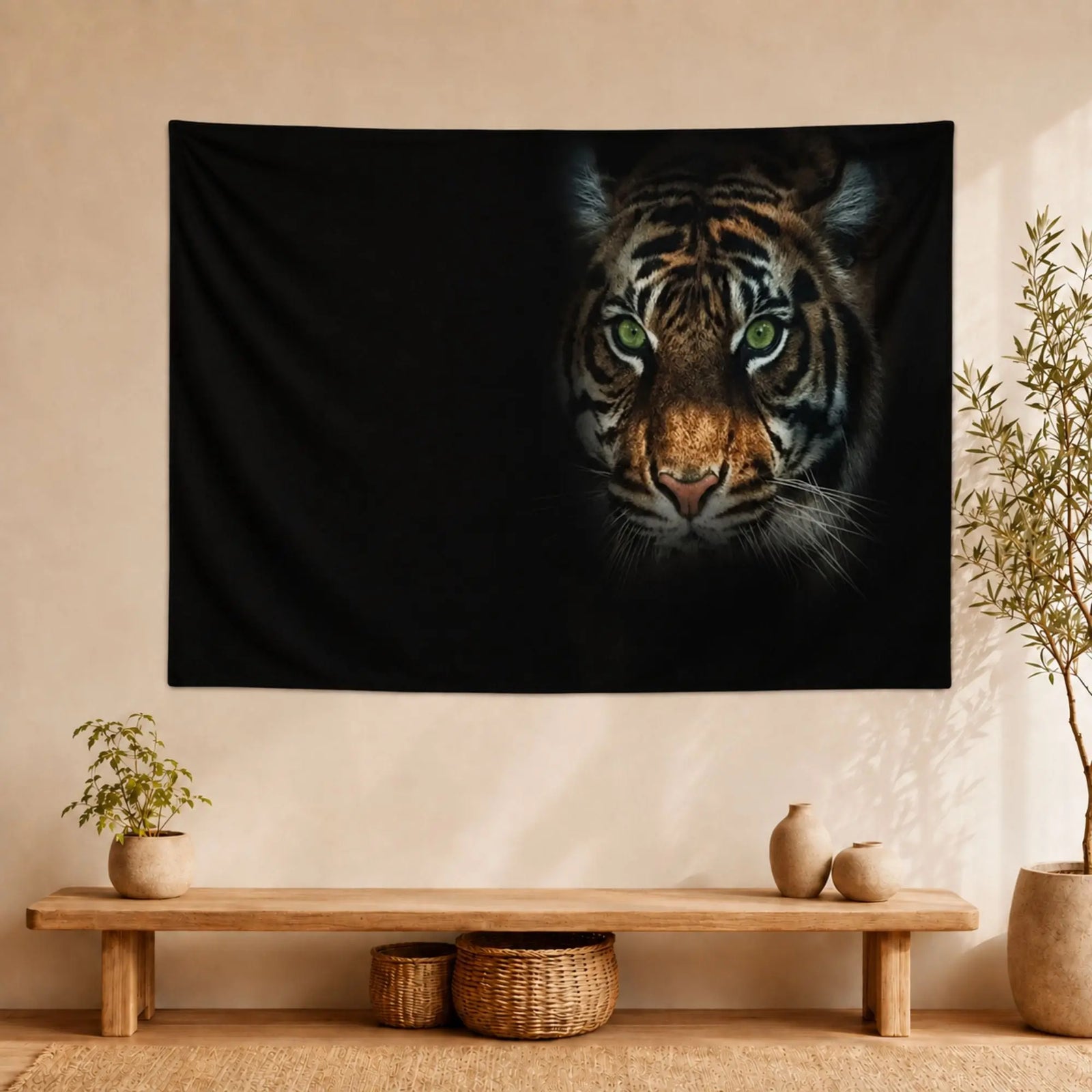 Tenture-Murale-Tigre-tapisserie-en-polyester-demonstration-tete-de-tigre-sur-toile-noire