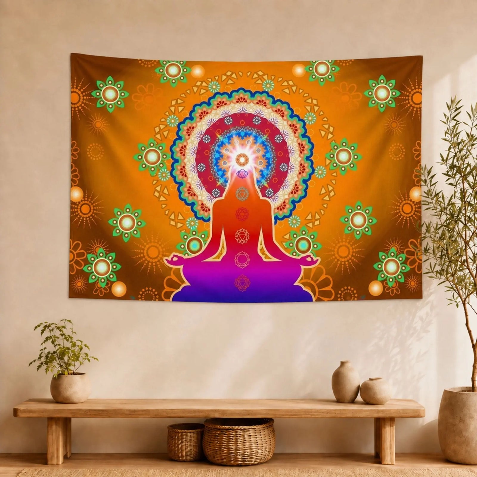 Tenture Orange Mandala et Chakras en Polyester Tapisseries de décoration La Maison de Bouddha