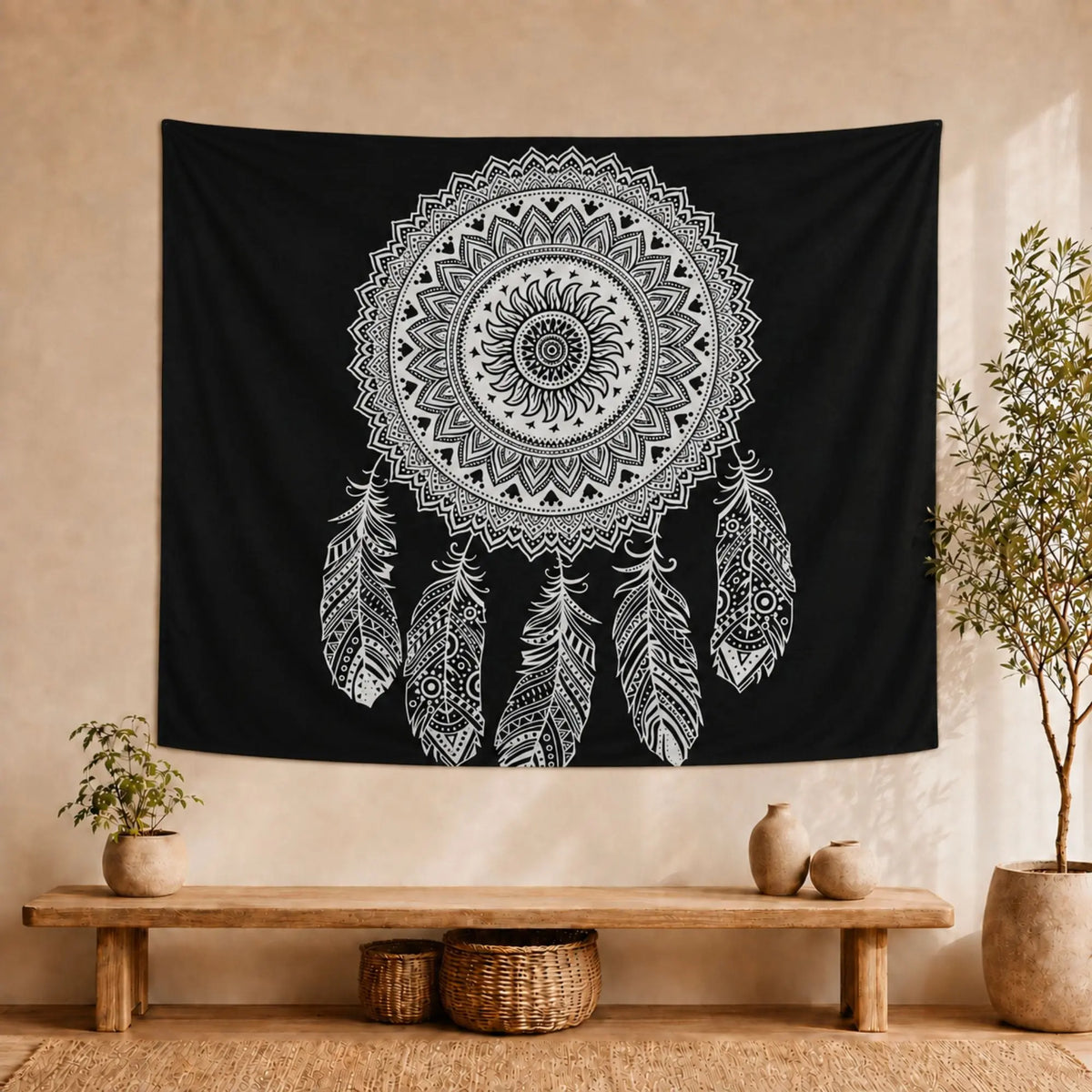 Tenture Attrape-Rêves Mandala Noir et Blanc en Coton – 230 × 200 cm