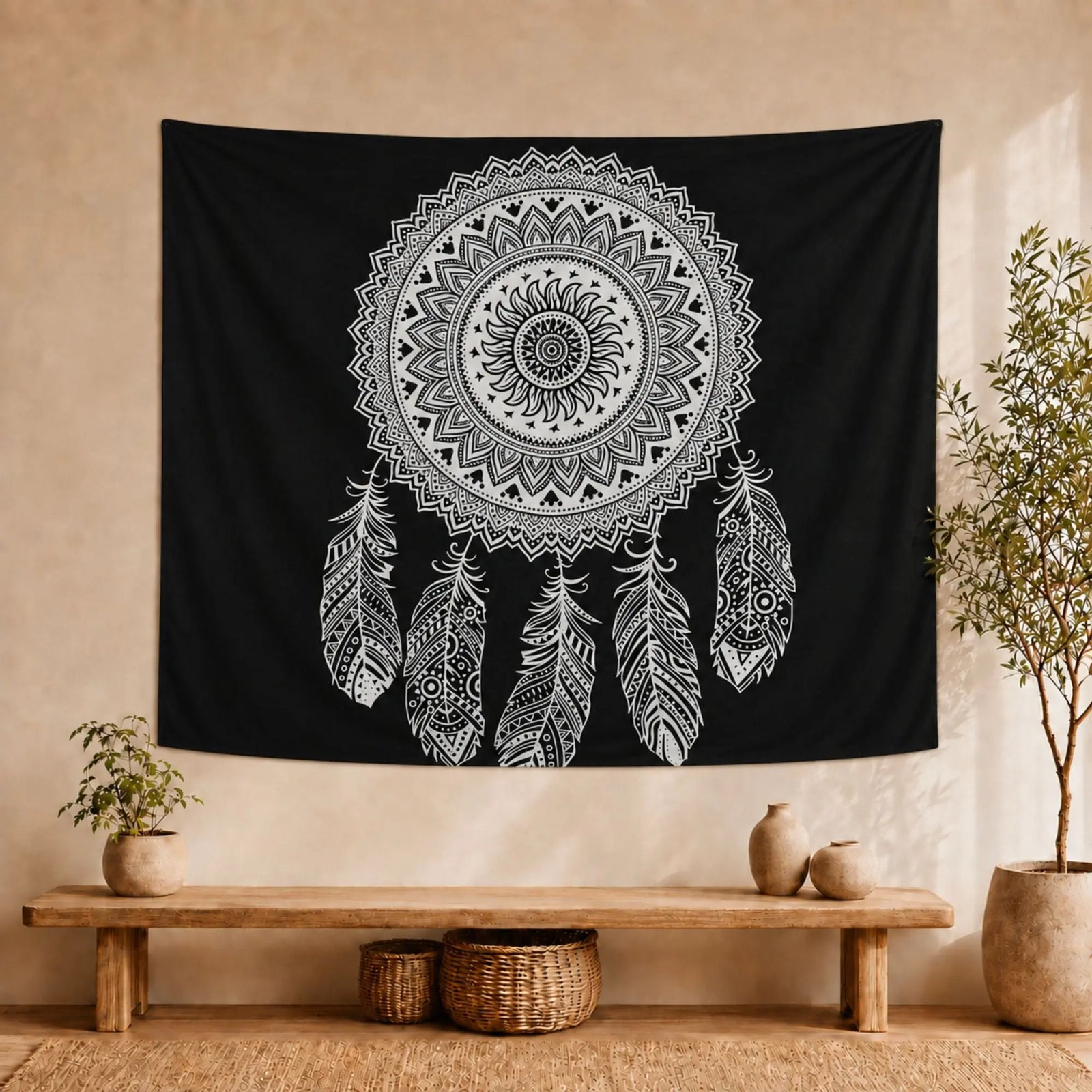 Tenture Attrape-Rêves Mandala Noir et Blanc en Coton – 230 × 200 cm