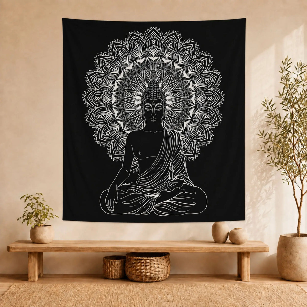 Tenture Bouddha Mandala Noir et Blanc en Coton – 230 × 200 cm