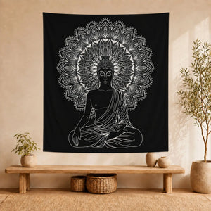 Tenture Bouddha Mandala Noir et Blanc en Coton – 230 × 200 cm