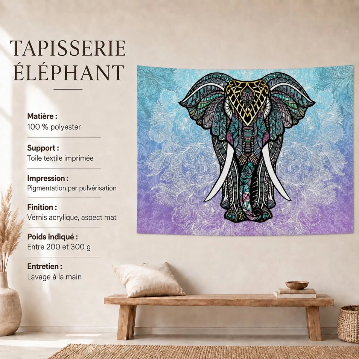 Caractéristiques de la tenture éléphant mandala multicolore en polyester imprimé