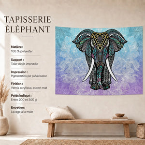 Caractéristiques de la tenture éléphant mandala multicolore en polyester imprimé