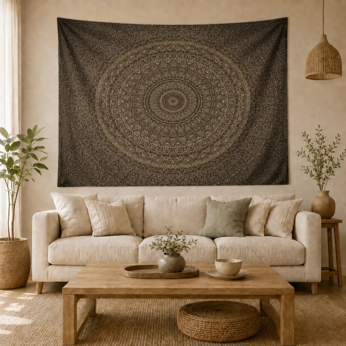 Tenture Mandala Indien – Motif Brun Concentrique installée au-dessus d’un canapé dans un salon zen