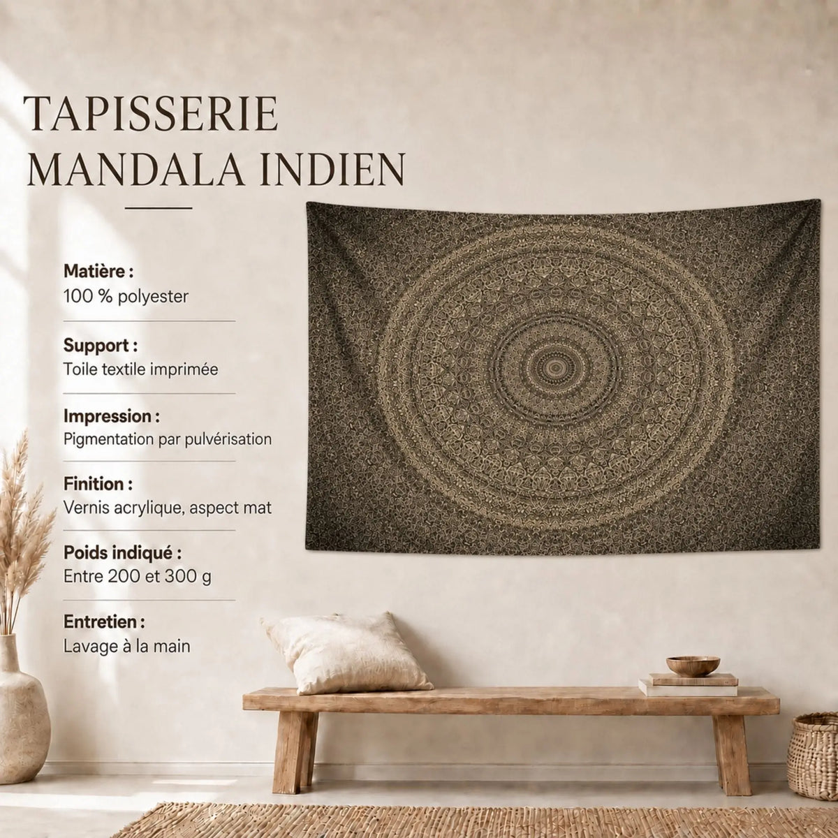 Tenture Mandala Indien – Motif Brun Concentrique en polyester avec caractéristiques et conseils d’entretien