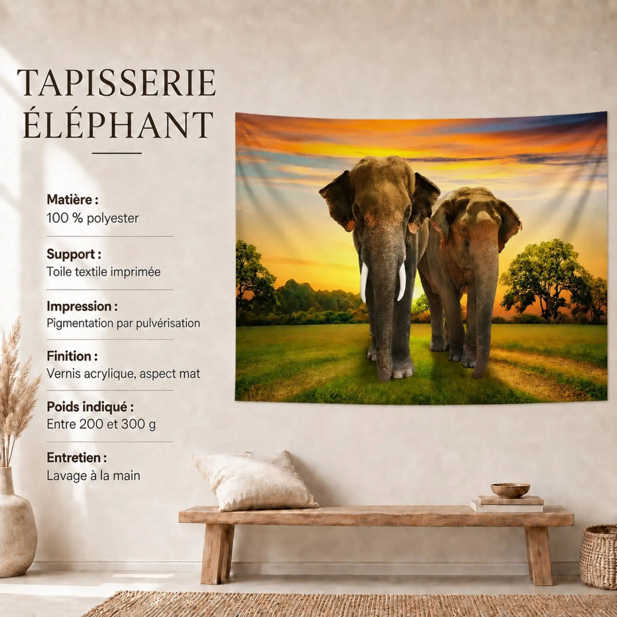 Dimensions 
Tenture murale avec deux éléphants dans la savane au coucher du soleil