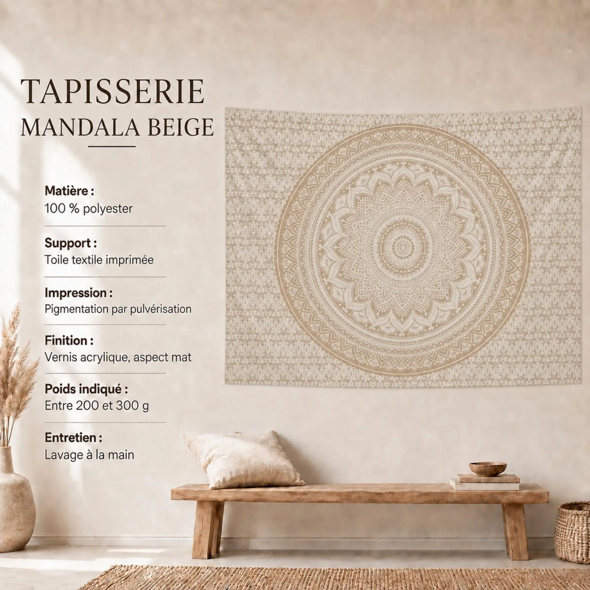 Tenture Murale Mandala Beige avec grand motif floral circulaire blanc