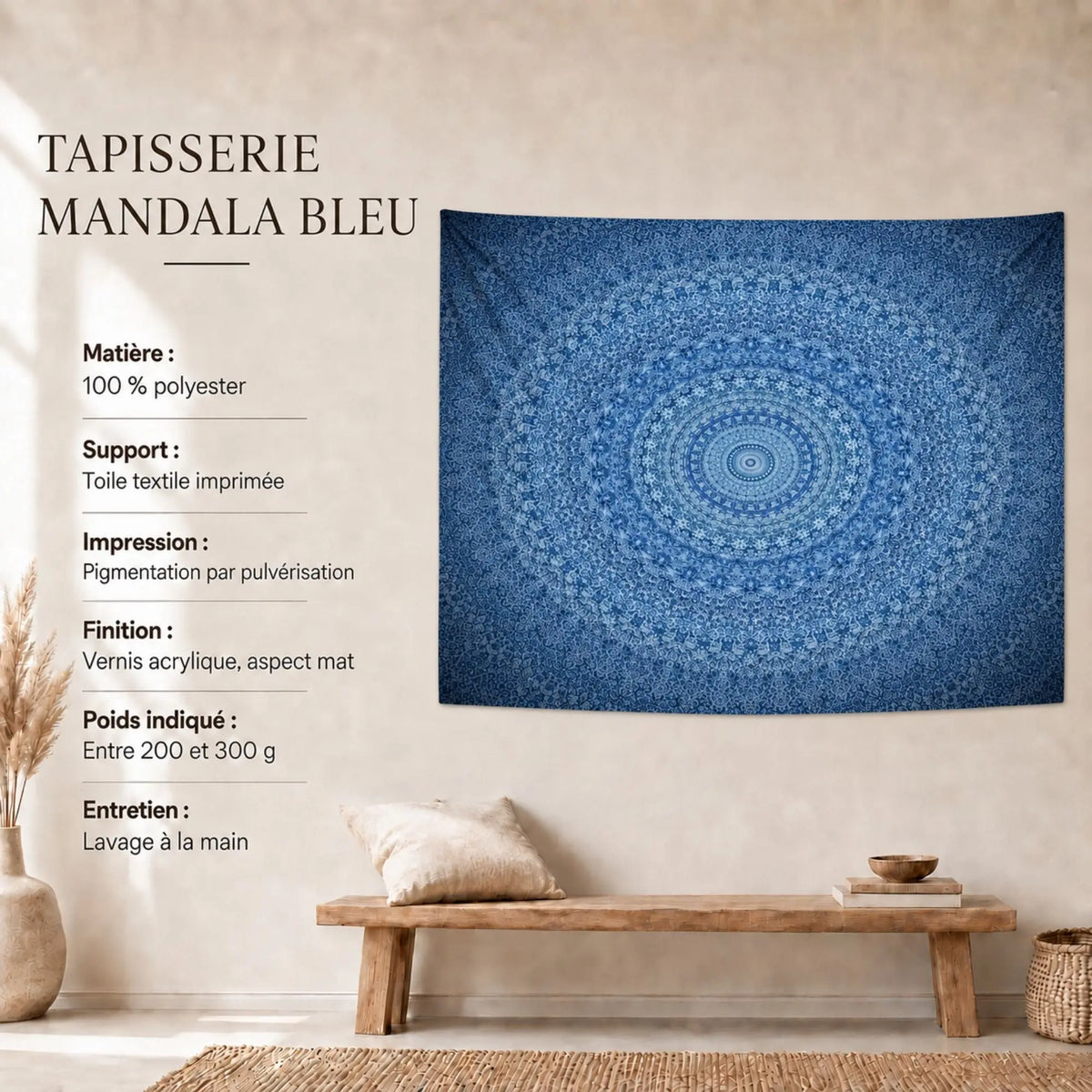 Tenture Murale Mandala Bleu en polyester avec caractéristiques et entretien