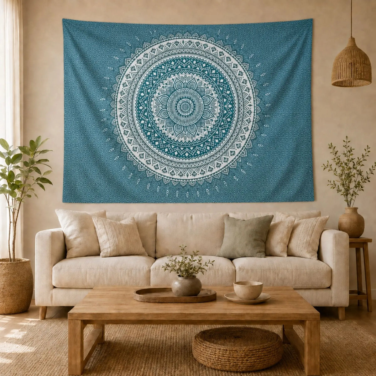 Tenture Murale Mandala Bleu et Blanc exposer dans un salon