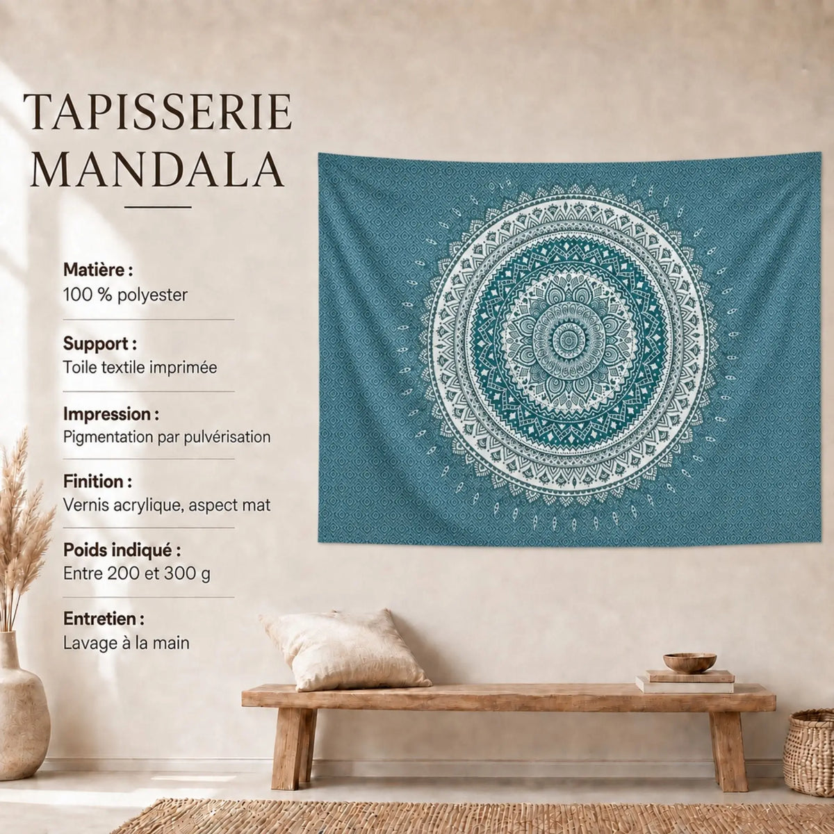 Dimensions de la Tenture Murale Mandala Bleu et Blanc