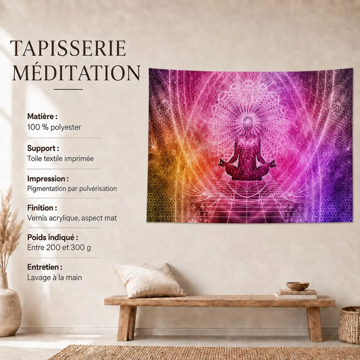 Dimensions Tenture Murale Méditation Rose et Violette Tapisseries de décoration La Maison de Bouddha