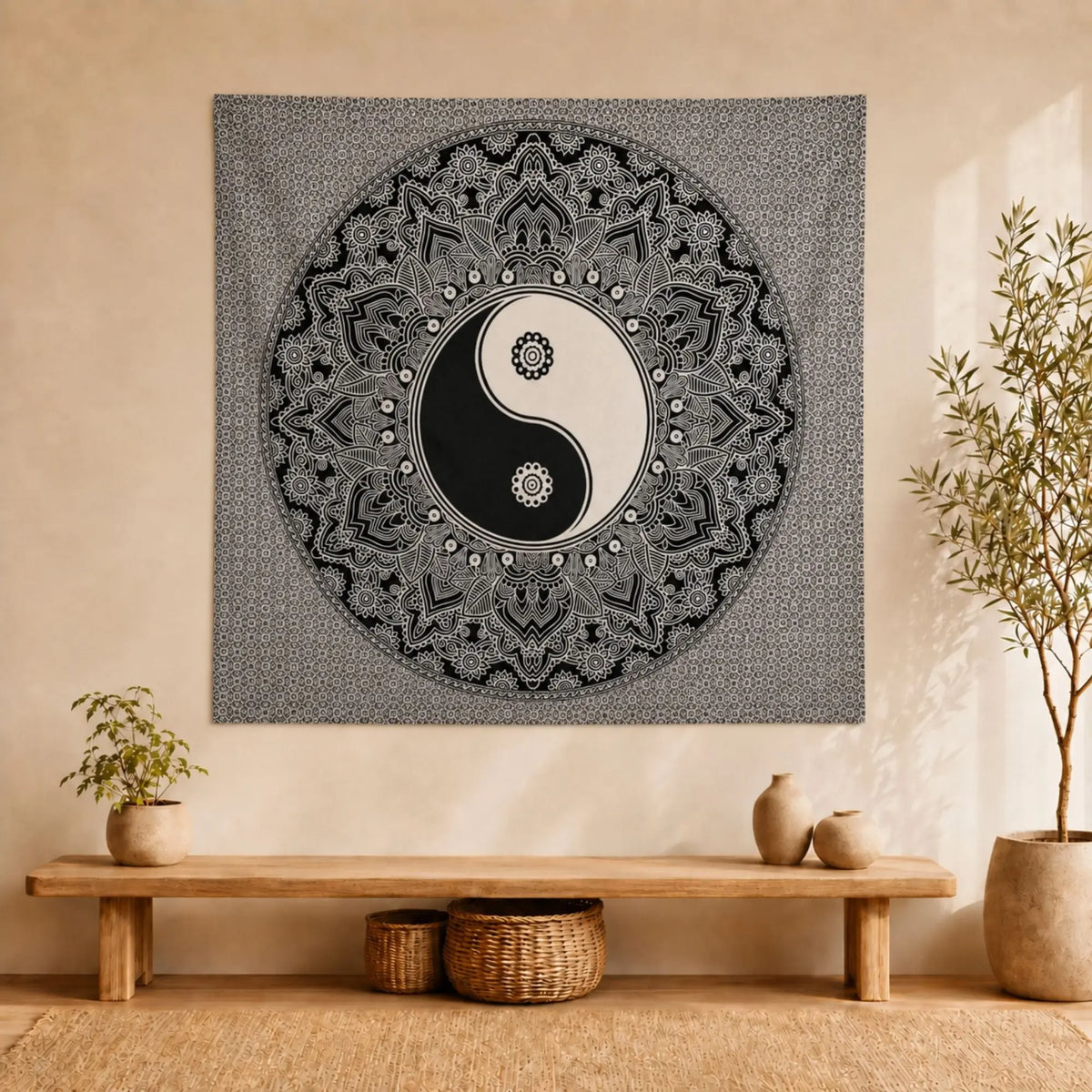Tenture Yin Yang Mandala Noir et Blanc en Coton – 230 × 200 cm