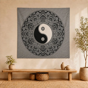 Tenture Yin Yang Mandala Noir et Blanc en Coton – 230 × 200 cm