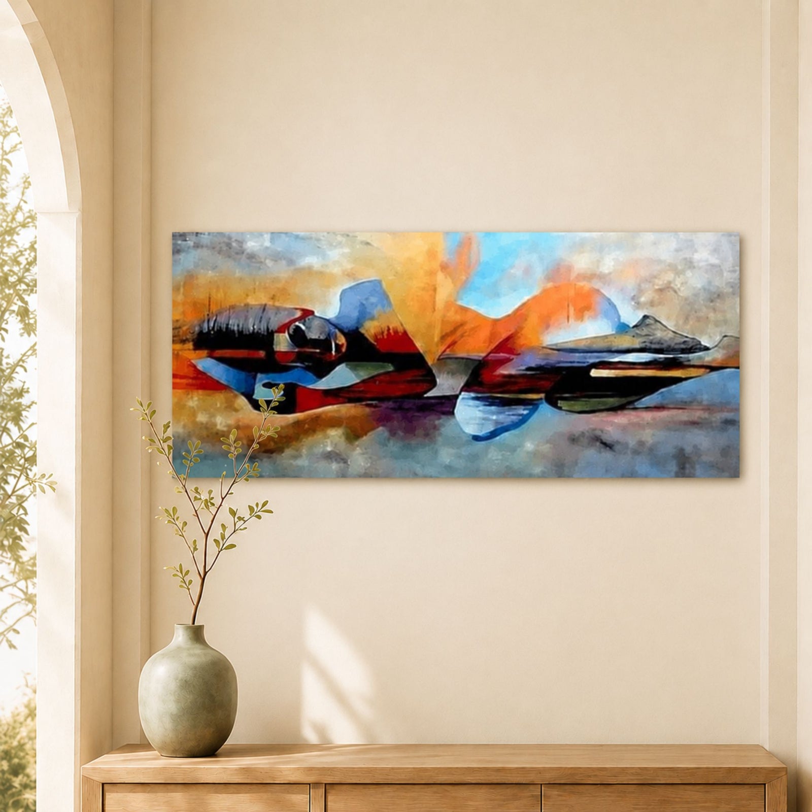 Toile Aquarelle Bouddha Allongé présentée au-dessus d’un buffet en bois clair dans un intérieur lumineux