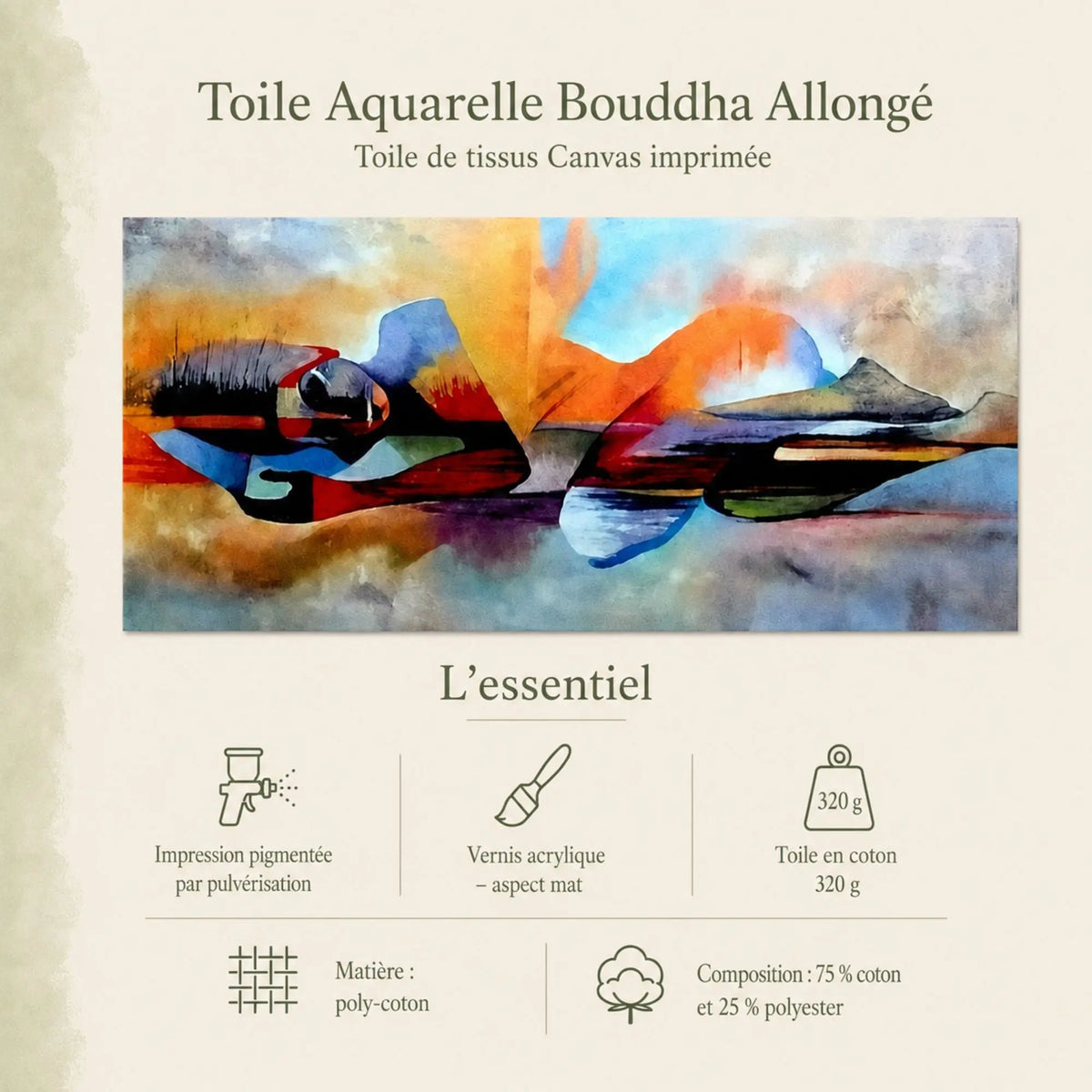 Infographie de la Toile Aquarelle Bouddha Allongé en poly-coton 320 g avec finition mate