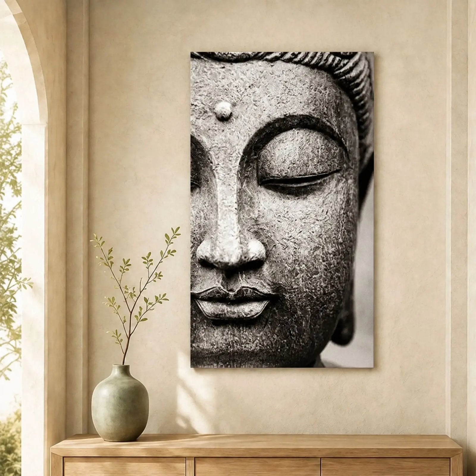 Toile Bouddha Gris exposée au-dessus d’un buffet en bois clair