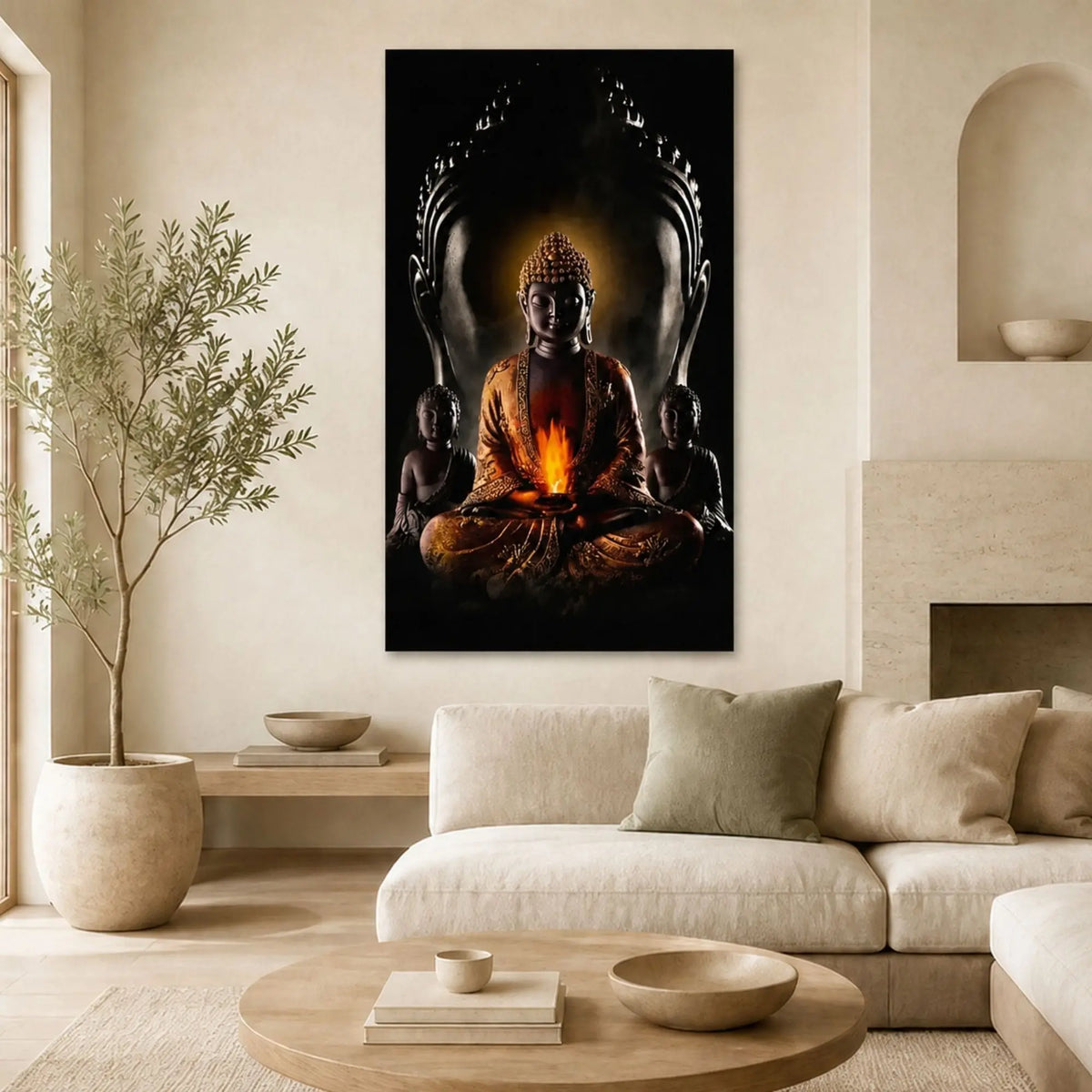 Toile Bouddha moderne de style birman avec flamme, présentée dans un salon zen beige