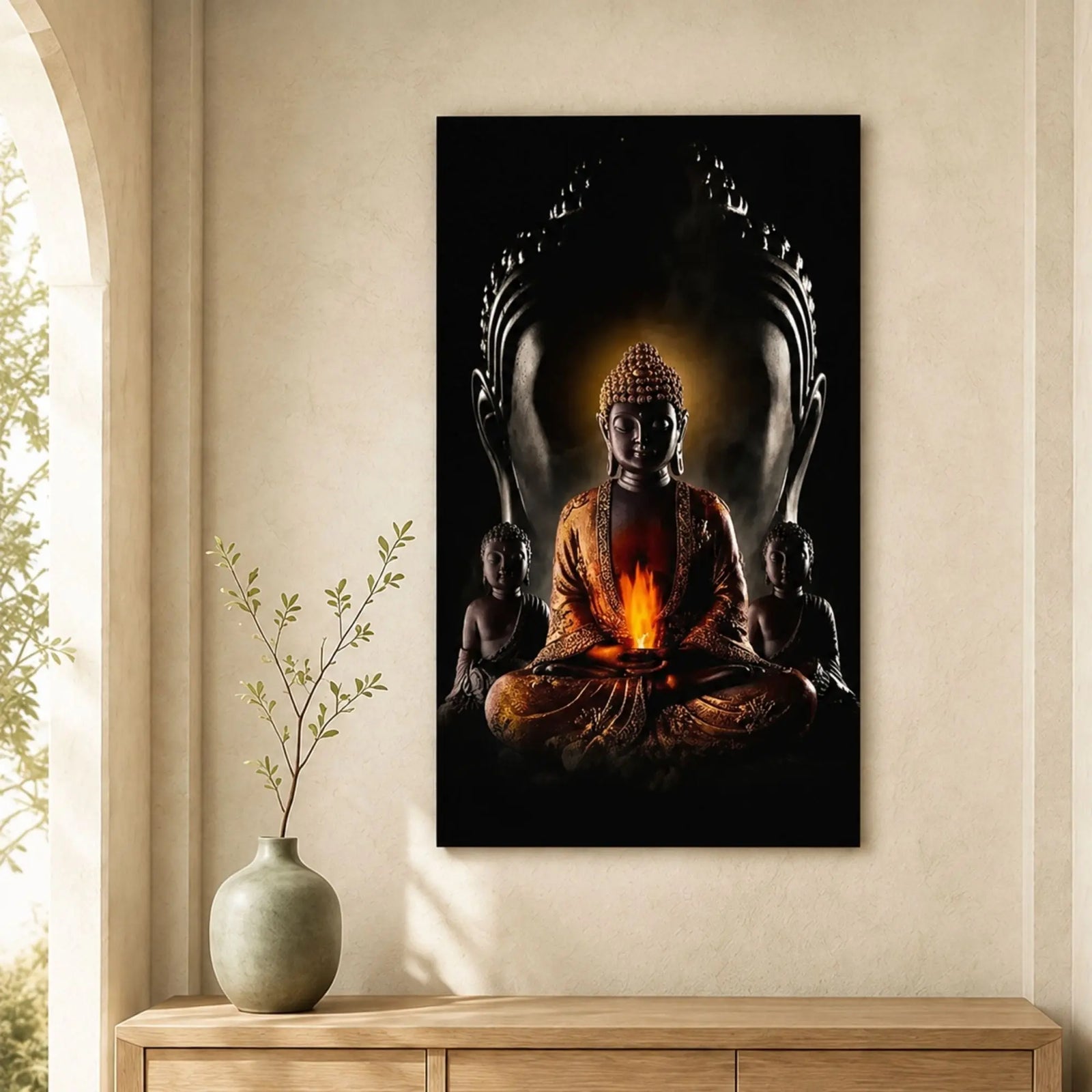 Toile Bouddha birman noir avec flamme de l’Éveil, exposée au-dessus d’un meuble en bois