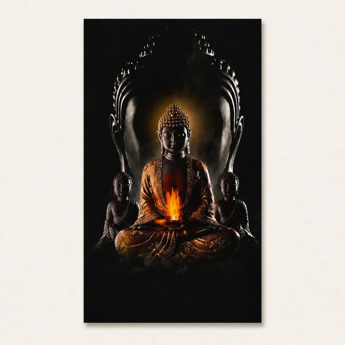 Toile Bouddha moderne de style birman avec flamme centrale, présentée sur fond uni